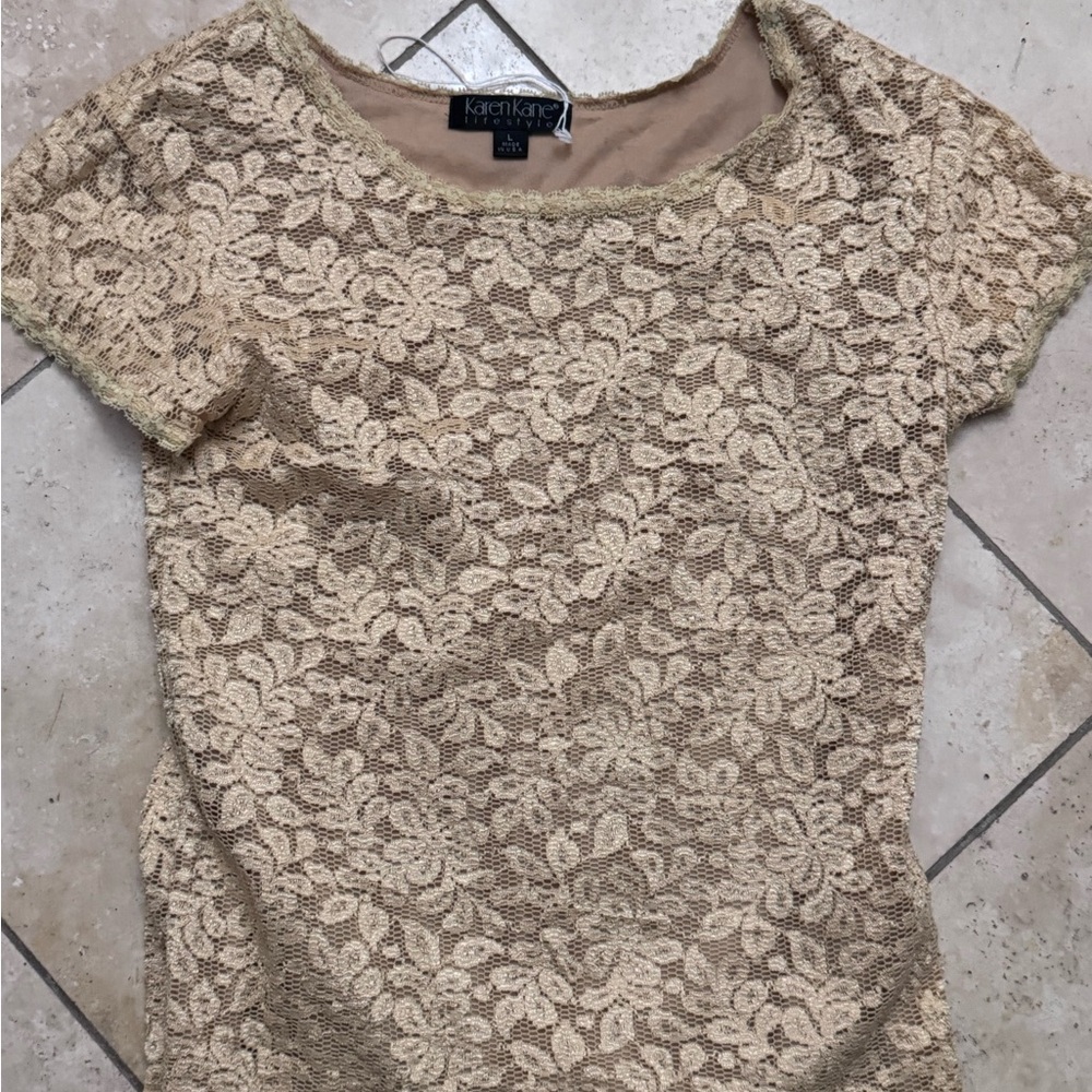 Karen Kane Women's Beige Lace Short Sleeve Top